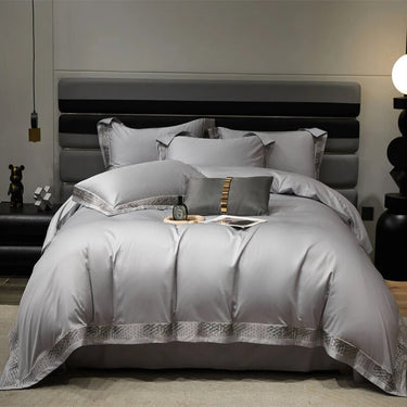 Silver Grey Luxury Long Square Stripe Embroidery Satin Silky Duvet Cover Set, 1000TC Egyptian Cotton Bedding Set